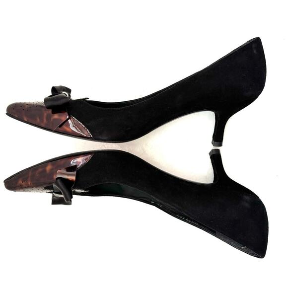 Stuart Weitzman Black Suede Tortoise Shell Satin Bow Heels Size 9.5 - Picture 5 of 9